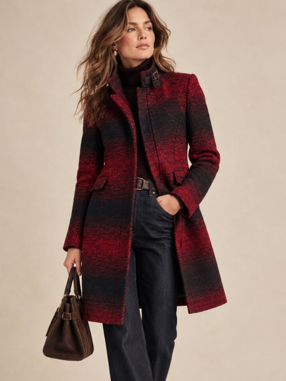 Young Threads NYC Red Black Bouclé Tweed Moto Coat Funnel Neck Collar Size S